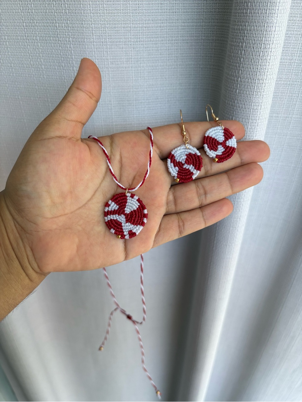 Handmade Red and White Candy-Stripe Pendant Necklace & Earrings - Women Jewelry
